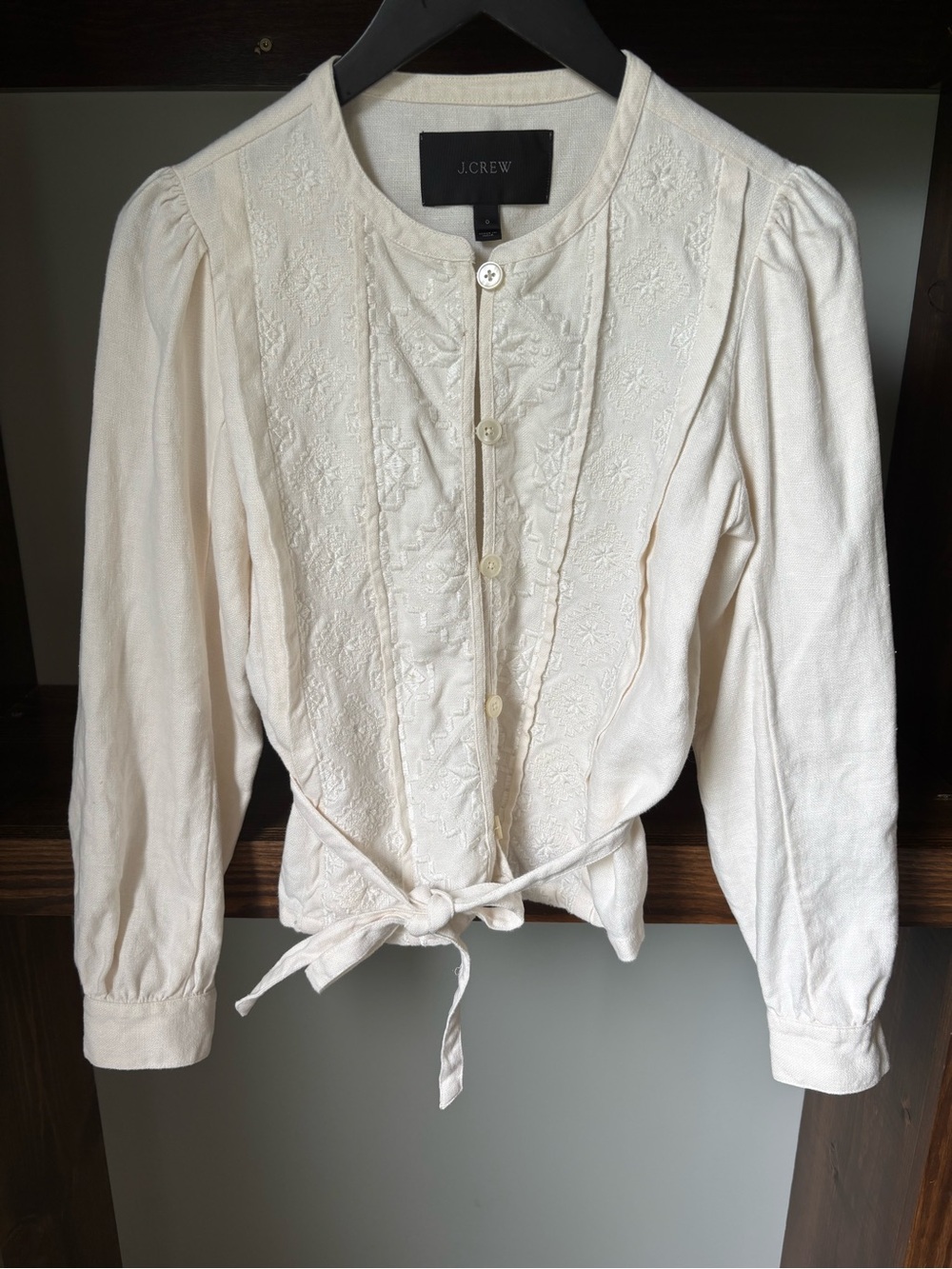 J.Crew Cream Embroidered Button-Front Tie-Waist Jacket